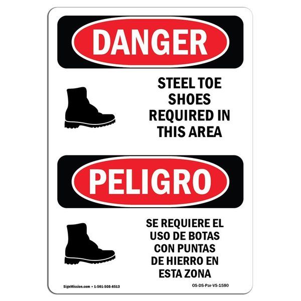 Signmission OSHA Sign, Steel Toe Shoes Required Area Bilingual, 14in X 10in Alum, 10" W, 14" H, Spanish OS-DS-A-1014-VS-1580